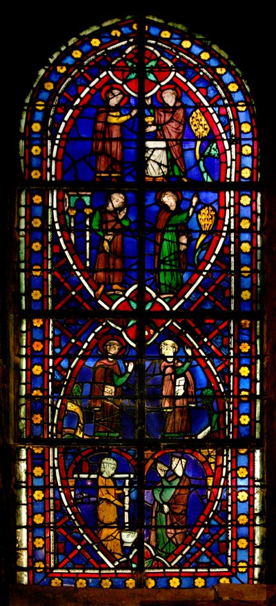 Window depicting Scene from the life of Saint Germain: the Saint and his Cousin Saintratide leaving School by French School